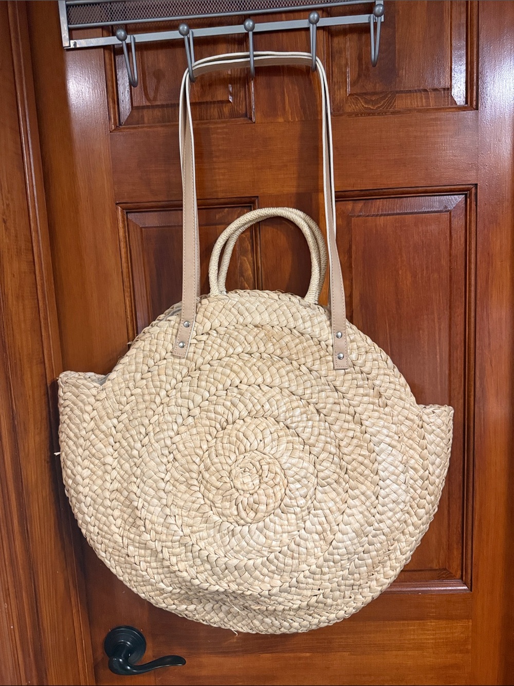 Natural Woven Round Tote Bag with Tan Straps